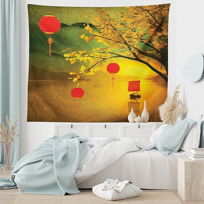 Ambesonne Oriental Tapestry King Size, Traditional Chinese Folk Hanging from Pale Fall Trees Lake Faded Nature Photo, Wall Hanging Bedspread Bed Cover Wall Decor, 104" X 88", Yellow Green