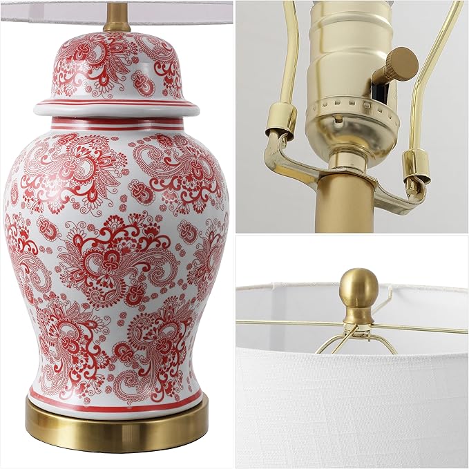 JONATHAN Y 29.5" Red/White Ceramic Table Lamp for Living Room and Office, White Linen Drum Shade, Traditional Chinoiserie Ginger Jar Lamp, LED Bulb Included (JYL3008C)