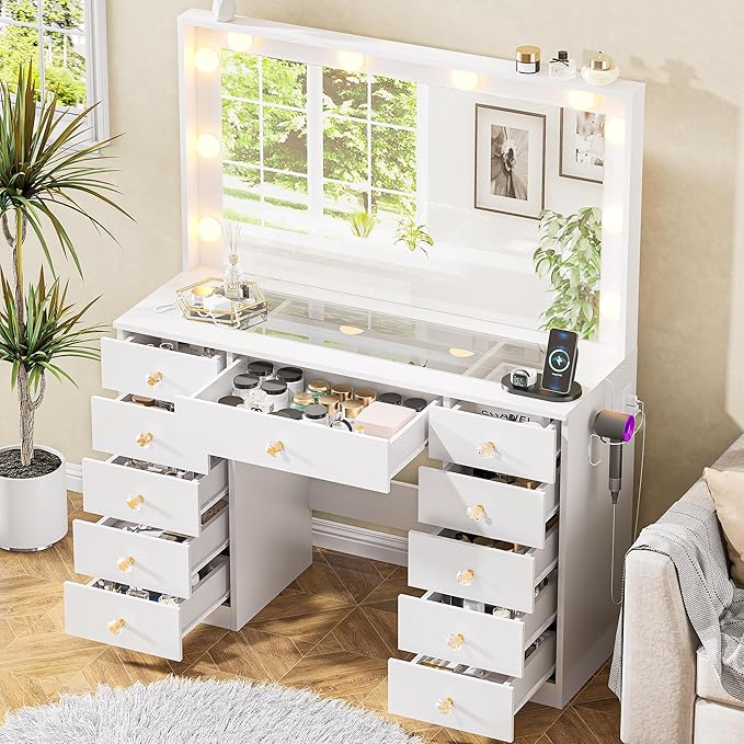 43.3" Vanity with Large Mirror and 10 LED Lights, Vanity Desk with Glasstop, 11 Drawers with Crystal Handles, Dressing Table with Power Outlet as Gift for Women, Girls (White)