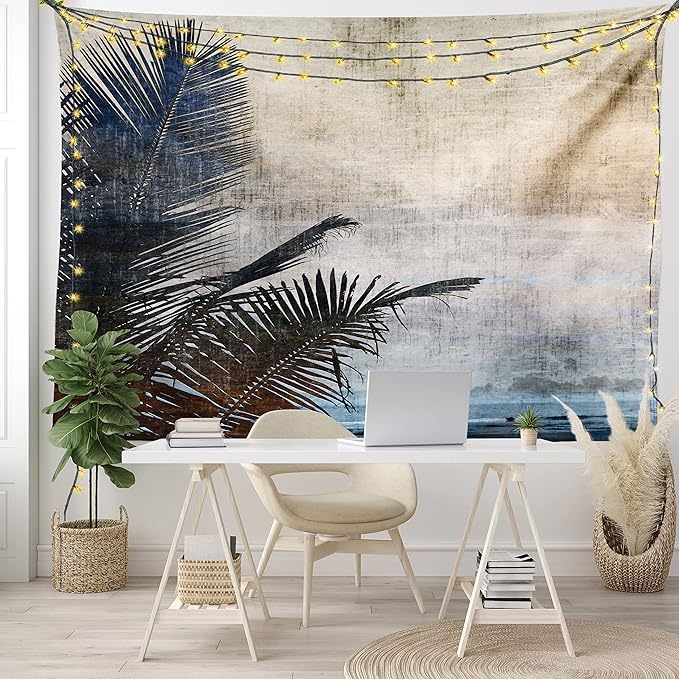 Ambesonne Hawaiian Tapestry King Size, Palm Tree Leaves on Grunge Background with Sea Vintage Waterscape Illustration, Wall Hanging Bedspread Bed Cover Wall Decor, 104" X 88", Beige Indigo