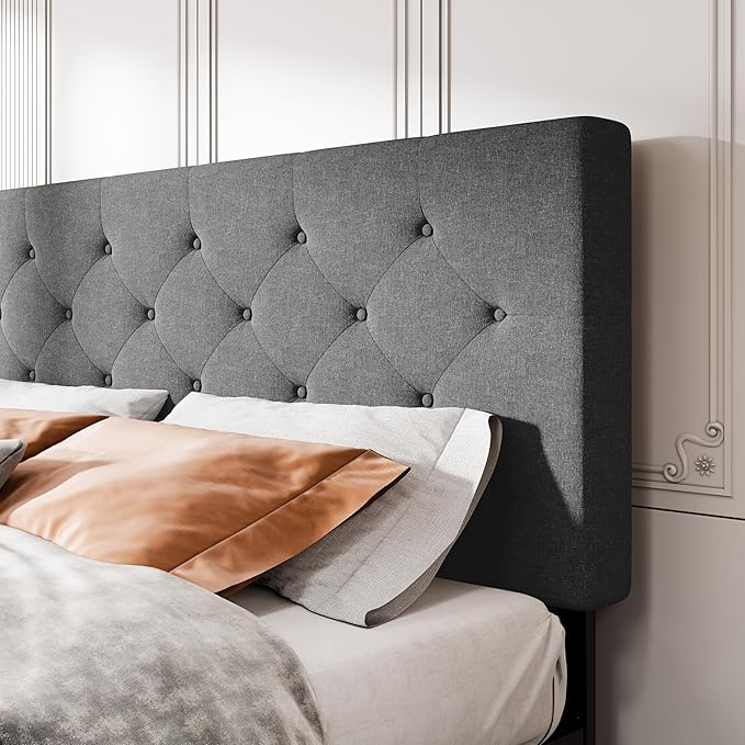 MUTICOR Full Size Bed Frame with 4 Storage Drawers, Upholstered Platform Bed with Button Tufted Adjustable Headboard, No Box Spring Needed, Easy Assembly, Diamond Tufted, Dark Grey Fabric