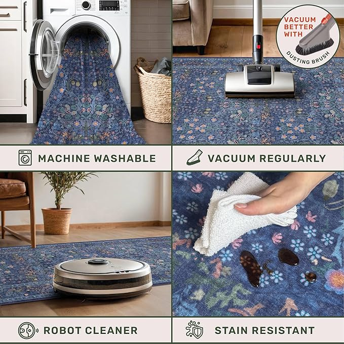 Non Slip 2x7 Dark Blue Hallway Runner - Long Runner Rugs for Bathroom, Washable Kitchen Floor Mat, Bedroom Bedside - Dusky Navy Vintage Floral Décor