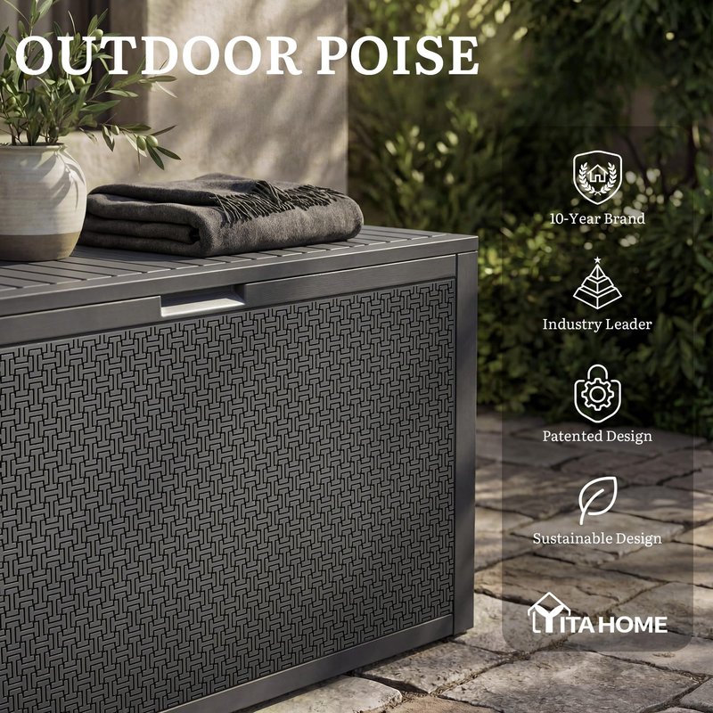 YITAHOME 95 Gallon Outdoor Storage Deck Box, Waterproof Resin Deck Box w/Handles, Lockable Outdside Deck Box for Patio Furniture, Garden Tools, Lockable & UV Resistant(Dark Gray)