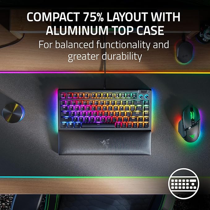 Razer BlackWidow V4 75% Mechanical Gaming Keyboard: Hot-Swappable Design - Compact & Durable - Orange Tactile Switches - Chroma RGB - MF Roller & Media Keys - Comfortable Wrist Rest - Black