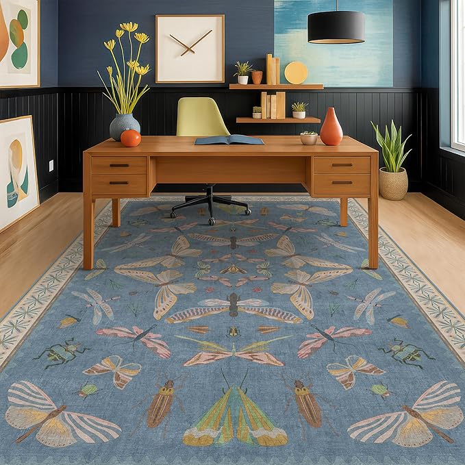 6x9 Blue Floral Rug for Dining Room Table - Area Rugs for Living Room, Bedroom, Insect Moth Art Nouveau Décor, Washable Lightweight Foldable Non Slip