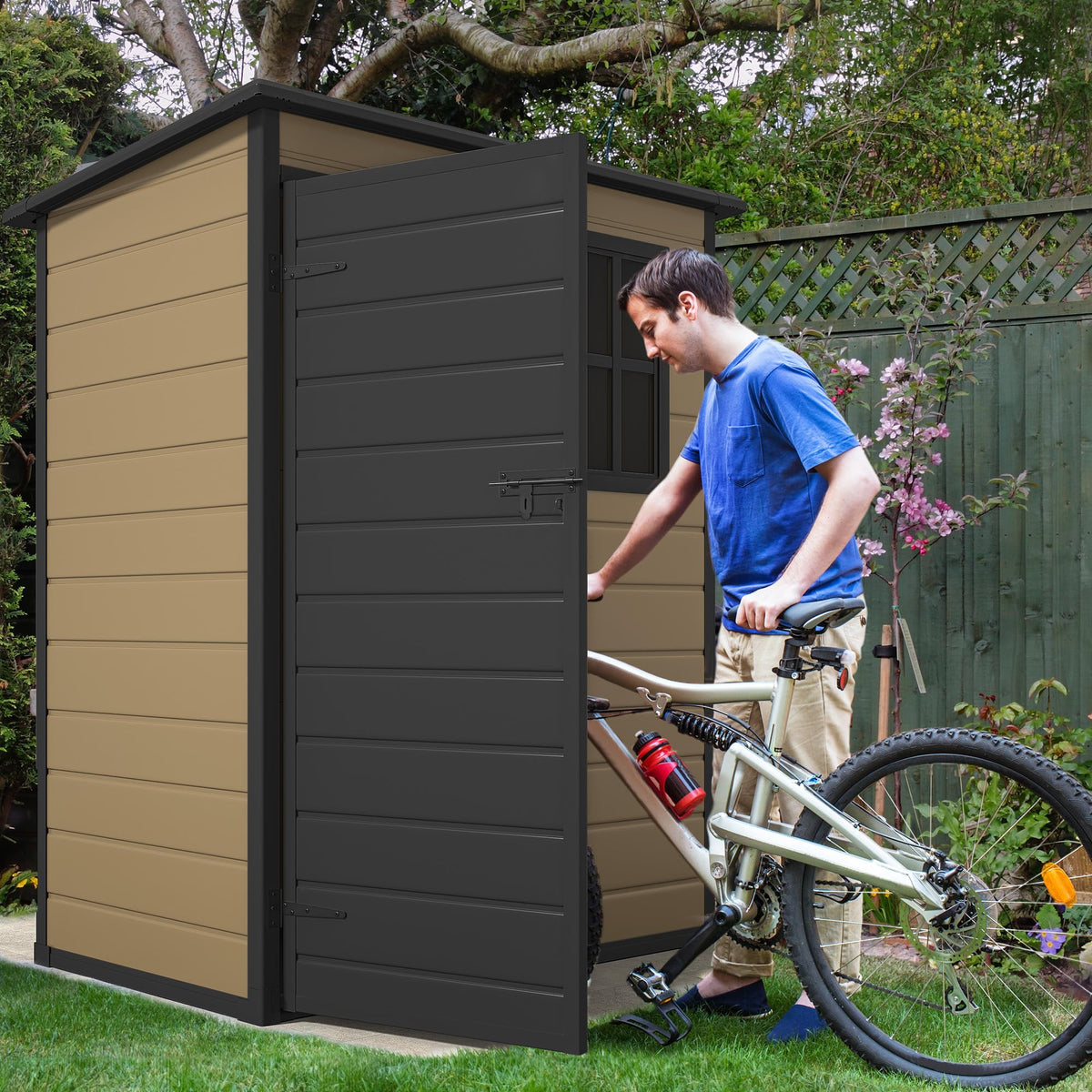 DWVO 5x3ft Resin Outdoor Storage Shed with Floor, Waterproof Lockable Storage Shed with Window, Plastic Outside Tool Storage for Garden Backyard Patio Lawn