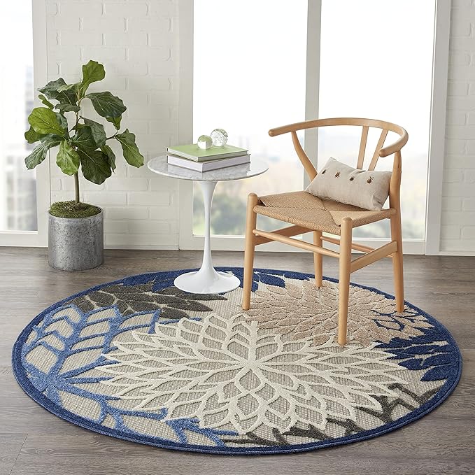 Nourison Aloha Indoor/Outdoor Blue/Multicolor 4' x Round Area Rug, Tropical, Botanical, Easy Cleaning, Non Shedding, Bed Room, Living Room, Dining Room, Deck, Backyard, Patio (4 Round)