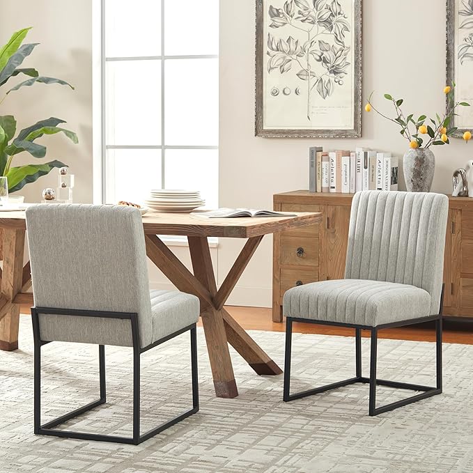 VKNOW Upholstered Dining Chairs, Modern Dining Room Chairs with Stripe, Linen Kitchen Chair Dinner Chair with Black Metal Base for Kitchen Office, Light Grey