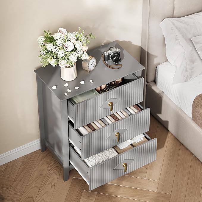 GarveeHome 2Pcs Wood Nightstand Fluted Dresser for Bedroom, 27.5" Wide 3-Drawer Bedside Tables, Modern Chest of Drawers, Storage End Table Living Room, Hallway, Entryway, Grey