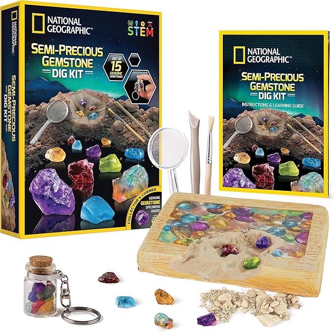 National Geographic Semi-Precious Gemstone Dig Kit for Kids - 15 Real Gems Including Amethyst, Garnet, Opal, Blue Topaz, and More, STEM Rock Collection Activity, Dig Brick, Science Kit for Kids