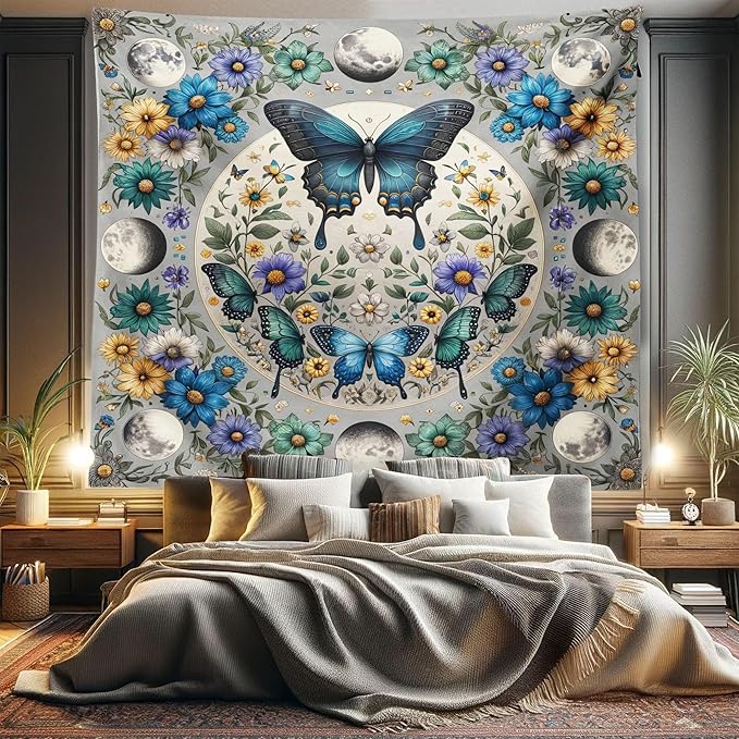 Ambesonne Boho Tapestry King Size, Wreath of Colorful Flowers with Moon and Butterfly Pattern Witchy Scenery, Wall Hanging Bedspread Bed Cover Wall Decor, 104" X 88", Sea Blue Pale Grey Teal