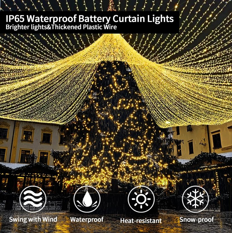 Curtain Lights Battery Operated 10 * 10Ft 300LED Waterfall Light with 8 Modes Remote Dimmable Timer Memory Waterproof Twinkle Fairy String Lights for Indoor Outdoor Backdrop Bedroom Pergola Christmas