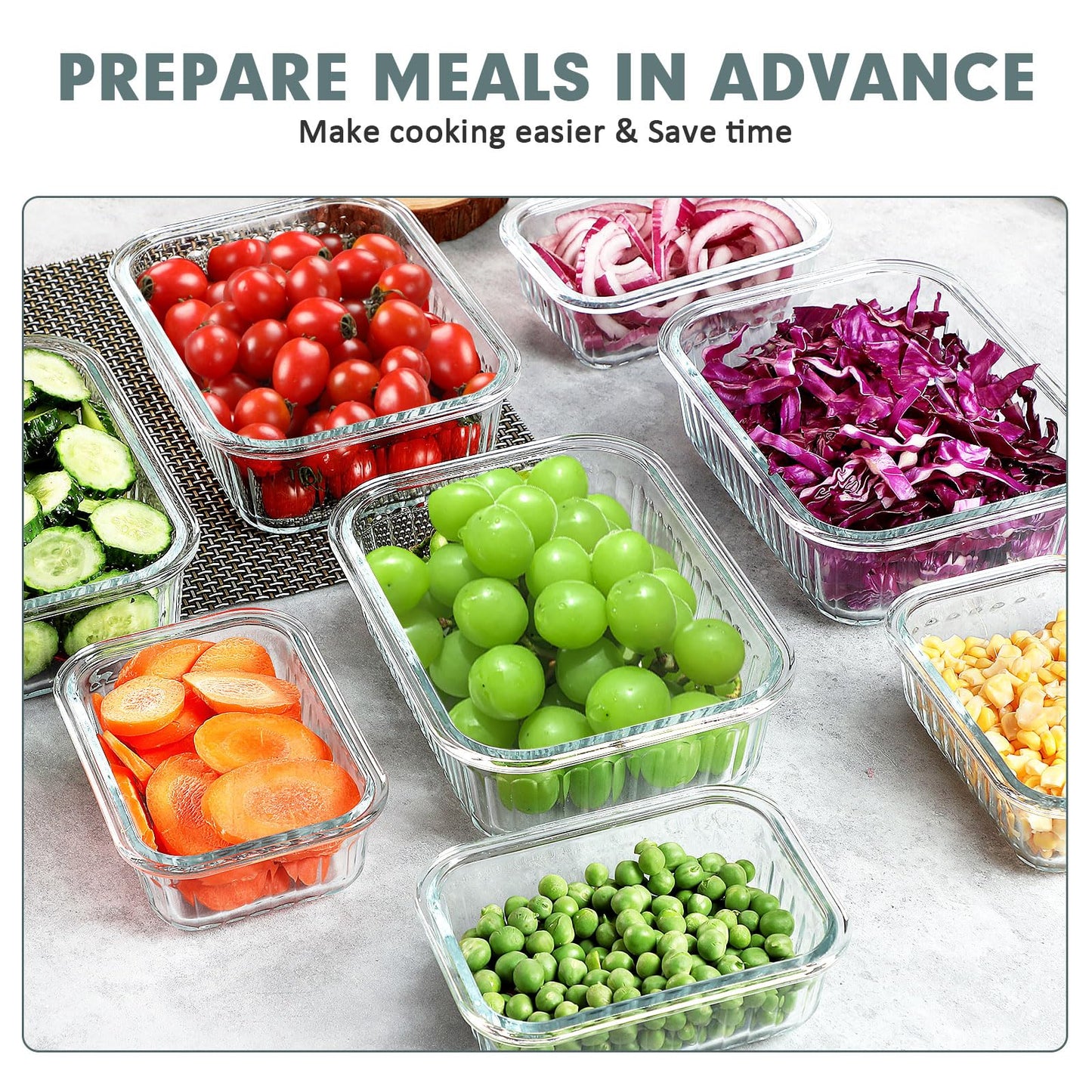 KOMUEE 10 Packs Glass Meal Prep Containers with Lids, Glass Food Storage Containers Set, Airtight Lunch Containers, Microwave, Oven, Freezer and Dishwasher Safe, Gray