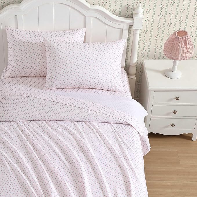 Laura Ashley Kids - Twin XL Sheet Set, Soft & Wrinkle-Resistant Toddler Bedding Set, Deep Pockets, Girl Bed Sheets with Matching Fitted Sheet & Pillowcase (Sweet Lady Bugs Pink)