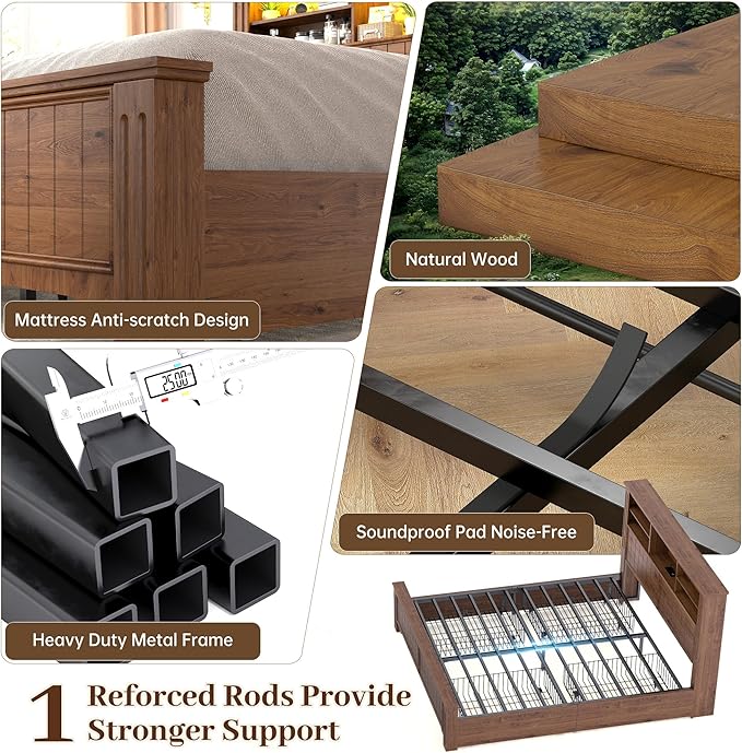 EnHomee Full Size Bed Frame with Headboard, Full Bed Frame with 4 Drawers Charging Port & LED, Farmhouse Bed Full Built in Charging Station,No Box Spring Needed,NO Noise,Vintage Brown