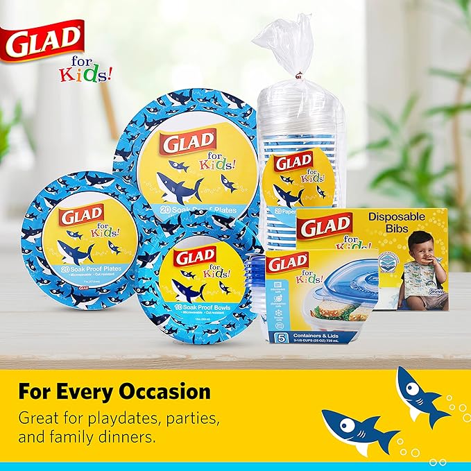 Glad for Kids Shark Disposable Paper Bibs with Crumb Catcher, Absorbent Leakproof Bibs for Toddlers and Babies, Mess Free Feeding, Crafts, Parties, and Travel Use, 30 Count