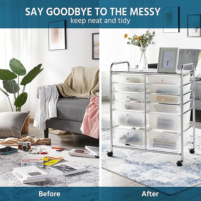 Yaheetech 12 Drawers Rolling Storage Cart Multipurpose Movable Organizer Cart Storage Bin Trolley Tools Scrapbook Paper Organizer on Wheels, White