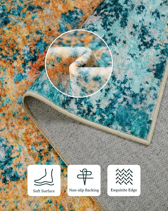 Washable Area Rug for Living Room: 5x7 Modern Abstract Neutral Soft Rug for Bedroom Dining Room No Slip Low Pile Carpet for Nursery Home Office - Teal/Orange