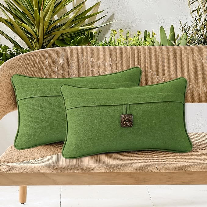 Outdoor Decorative Pillows with Coconut Button Pack of 4, 20" x 12" Outdoor Pillow Set for Couch Bed Throw Patio Sofa, Grass Green