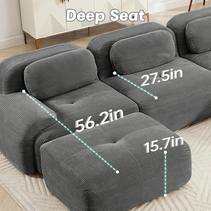 116" Modern Corduroy Cloud Sofa with Ottoman, U Shaped Boneless Modular Large Sectional Couches for Living Room, Gray 3 Seater Compressed Memory Foam Couch, Extra Deep Seat, No Assembly
