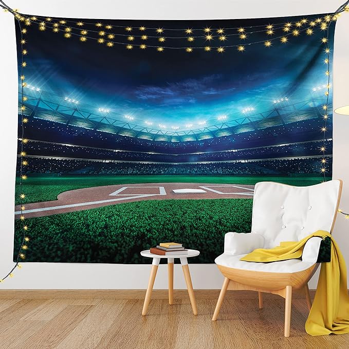 Ambesonne Baseball Tapestry, Professional Baseball Field at Night Vibrant Playground Stadium League Theme Print, Wide Wall Hanging for Bedroom Living Room Dorm, 80" X 60", Blue Green