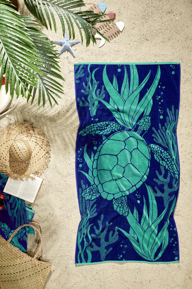 Ozdilek 34x64 Beach Towel - 100% Turkish Cotton, Luxury Soft Velour, Quick Dry, Absorbent, Fade-Resistant, Oversized Pool & Spa Towel, Sea Turtle Design, Eco-Friendly (Sea Turtle Haven)