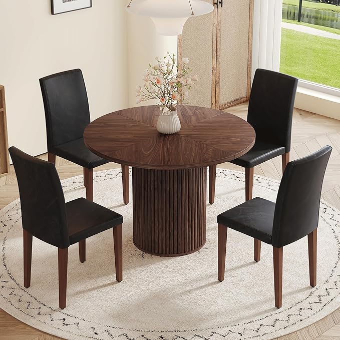AZmac Round Dining Table Set for 4, Wooden Round Table 5-Piece with Modern Farmhouse Dining Table and 4 PU Leather Chairs for Kitchen Dining Room, Walnut Table + 4 Black High Back Chairs