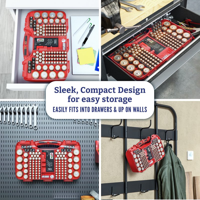Battery Organizer Storage Case with Tester, Holds 180 Batteries, Clear Hinged Cover, Locking Lid - For AA, AAA, C, D and More, Red