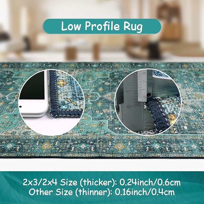 Moynesa Ultra-Thin Washable Runner Rug - 2'6" x 10' Teal Runners for Hallways Stair Carpet Runner, Oriental Non Skid Non Shedding Low Pile Kitchen Mat for Bedroom Mudroom Hardwood Floor