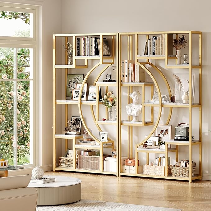 LGHM White and Gold Bookshelf Set of 2 with Metal Frame, 5 Tier Geometric Bookcase, Adjustable Modern Book Shelf with 18 Open Storage Shelves, Display Shelf for Living Room, Office, Bedroom