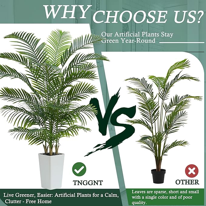 Artificial Palm Tree：6FT Tropical Fake Silk Plant UV Resistant Faux Areca Palm with White Planter & Black Pebbles for Home Office Living Room Decor Indoor Patio Porch Balcony (6FT,1-Pack,White)