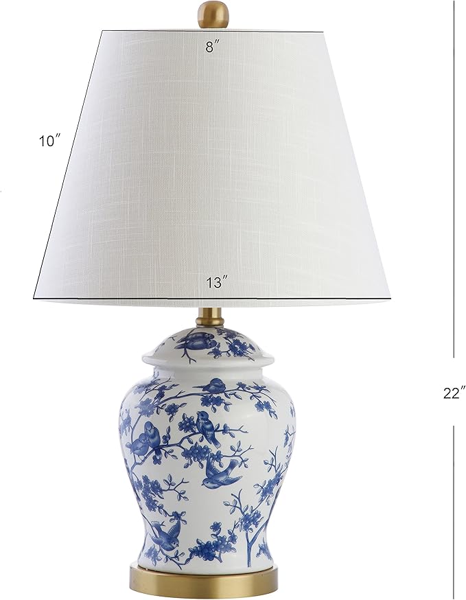 JONATHAN Y 22" Blue/White Ceramic Table Lamp, French Country Chinoiserie Ginger Jar LED Bedside Lamp for Living Room Bedroom, White Linen Shade (JYL3005A-SET2)
