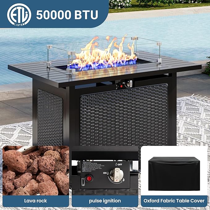 8 Pieces Outdoor Patio Furniture Set with 43" Fire Pit Table, Wicker Outdoor Patio Sectional Sofas with Cushions and Coffee Table, All-Weather Patio Conversation Set for Garden Backyard, Light Blue