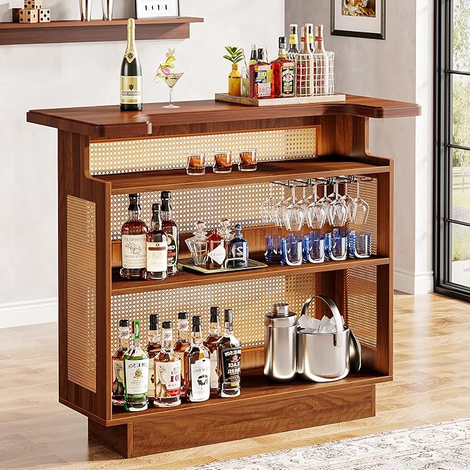 Tribesigns Rattan Home Bar Unit, Farmhouse 4-Tier Bar Table with 4 Stemware Racks and Heightened Base, Liquor Wine Bar Cabinet Mini Bar Table for Home Pub, Caramel Brown