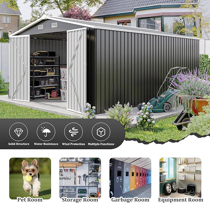 10x14 FT Outdoor Storage Shed, Large Metal Garden Shed with Side Door, Outside Tool Sheds with 3 Lockable Hinged Doors, Waterproof Storage Building with 4 Air Vents for Backyard, Patio, Dark Gray