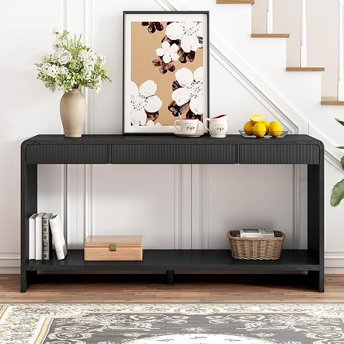 Modern Fluted Entryway Console Table 59’’ Long Entry Sofa Table with Drawers & Storage Shelf for Living Room Entrance Hallway, Easy Assembly, Black