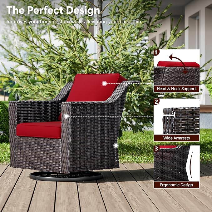 7 Pieces Wicker Patio Furniture, Luxury Outdoor Furniture with 2 Patio Swivel Chair, 3-Seater Sofa, 2 Patio Ottoman, 1 Coffee Table and 1 Side Table, Wide Armrest, Thickened Cushions