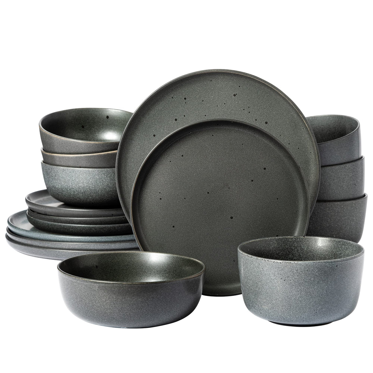 Gibson Elite Island Cove 16 Piece (Service for 4) Plates and Bowls Reactive Glaze Organic Round Dishes Stoneware Ceramic Dinnerware Set -Light Grey