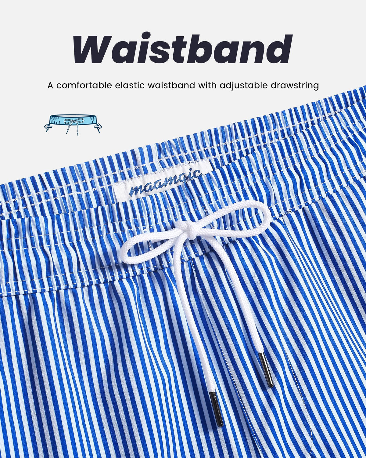 maamgic Mens Swim Trunks with Compression Liner 5 Inch, Quick Dry Bathing Suit with Zipper Pockets, Stretch No-Chafing Swim Shorts, Blue White Stripe X-Large