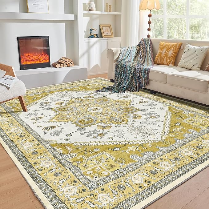 OPPODREAM Thin 10x14 Area Rugs, Washable Rugs 10x14 with Non Slip Backing, Low-Pile Faux Cashmere 10 x 14 Carpet, Yellow