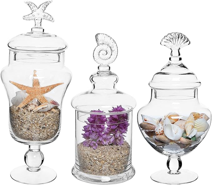 MyGift Clear Glass Apothecary Jars with Lid, Set of 3