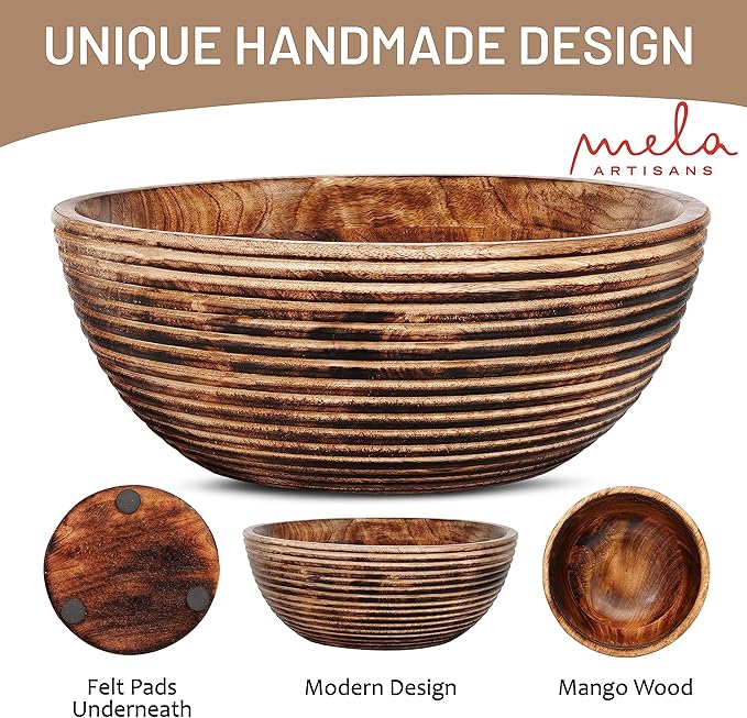 Mela Artisans Wooden Fruit Bowl | Dark Burnt Finish | Large 12” Decorative Mango Wood Serving Bowl | Multipurpose for Kitchen Countertop | Salad | Fruit | Snacks | Breads & More