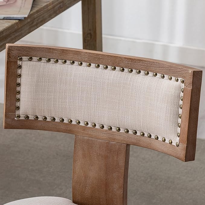 Mid Century Modern Dining Chairs Set of 2 Linen Fabric Upholstered Kitchen Side Chairs with Nailhead Trim, Modern Kitchen Armless Solid Wood Dining Chairs, Beige