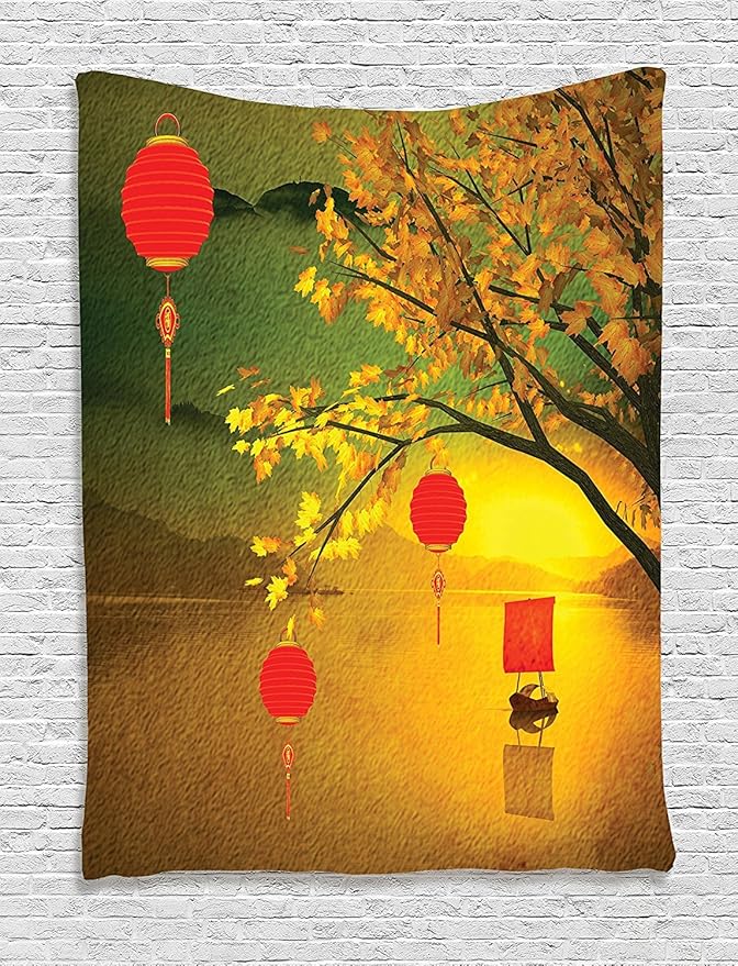 Ambesonne Oriental Tapestry, Traditional Chinese Folk Hanging from Pale Fall Trees Lake Faded Nature Photo, Wall Hanging for Bedroom Living Room Dorm Decor, 60" X 80", Yellow Green