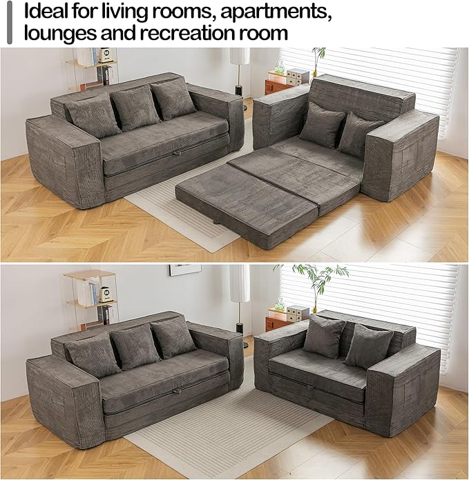 HOMREST 76" Convertible Memory Foam 3-seat Sofa, Pull Out Sleeper Sofa Bed, 2 in 1 Folding Couch Bed, Fold Out Floor Couch Corduroy Fabric with 3 Pillows for Living Room Bedroom Lounge (Grey)