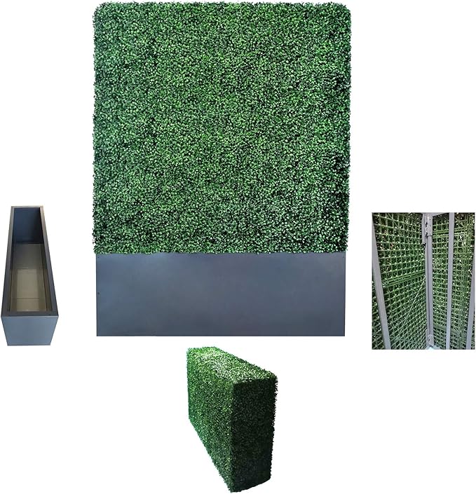 AGPL Artificial Boxwood Hedge Wall with Dark Gray Stainless Steel Planter Box Privacy Wall Backdrops, Outdoor Privacy Fence for Patio,Balcony,Restaurant,Garden,Party Décor (64" H 48" W 12" D)