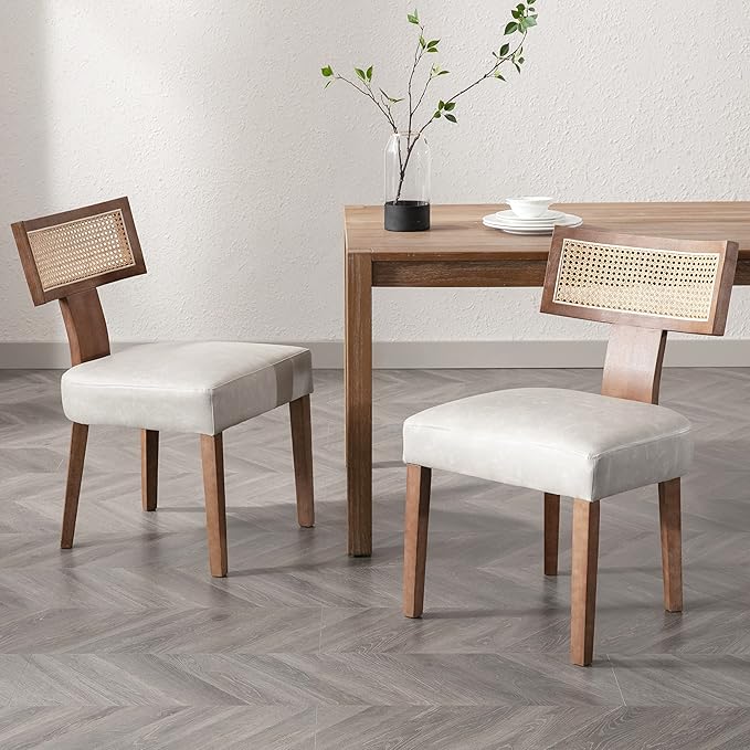 Modern Dining Chairs, Set of 4 - Rattan Back, Pu Leather Upholstered, Kitchen Chairs with Solid Wood Frame, Grey