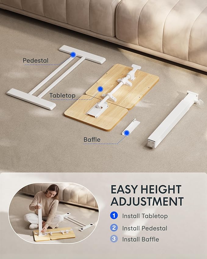 FLEXISPOT Adjustable Height C-Shaped End Table with Split Tilting Top – Mobile Side Table for Sofa & Bedside, Slides Under Furniture, Hidden Wheels for Small Spaces(31.6" W x 15.7" D,Maple)