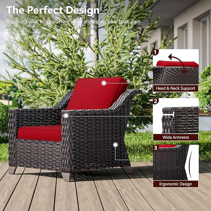 6 Pieces Wicker Patio Furniture, Luxury Outdoor Conversation Sets with 2 Patio Rattan Chair, 3-Seater Sofa, 2 Patio Ottoman and 1 Coffee Table, Wide Armrest, Thickened Cushions