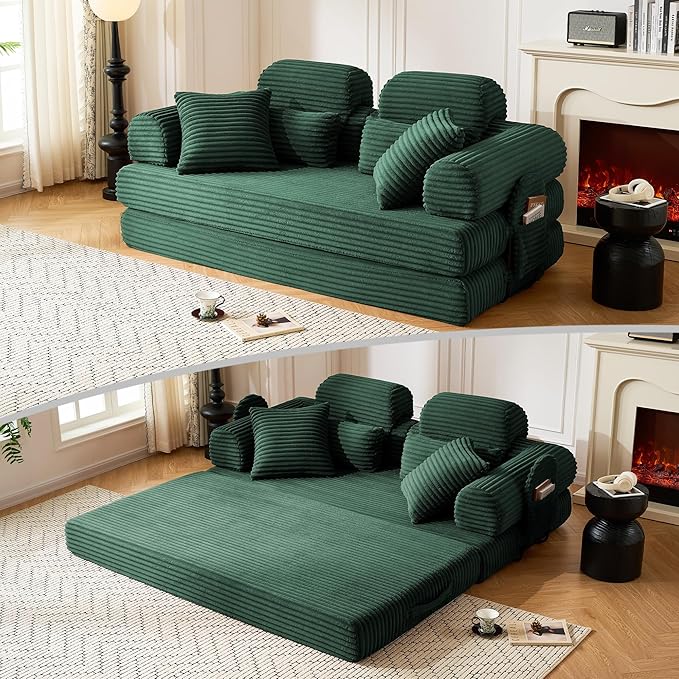 Convertible Sofa Bed,79'' Foldable Sleeper Lounge Modular Couch Comfort Compression Sofa Loveseat for Small Spaces Comfort for Apartment Bedroom (Corduroy Fabric, Dark Green1)